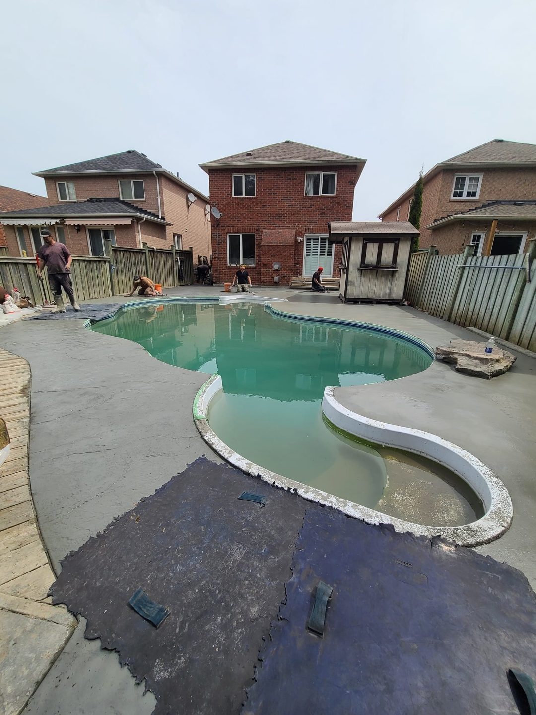 Pool deck in progress — crew pouring fresh concrete around kidney pool