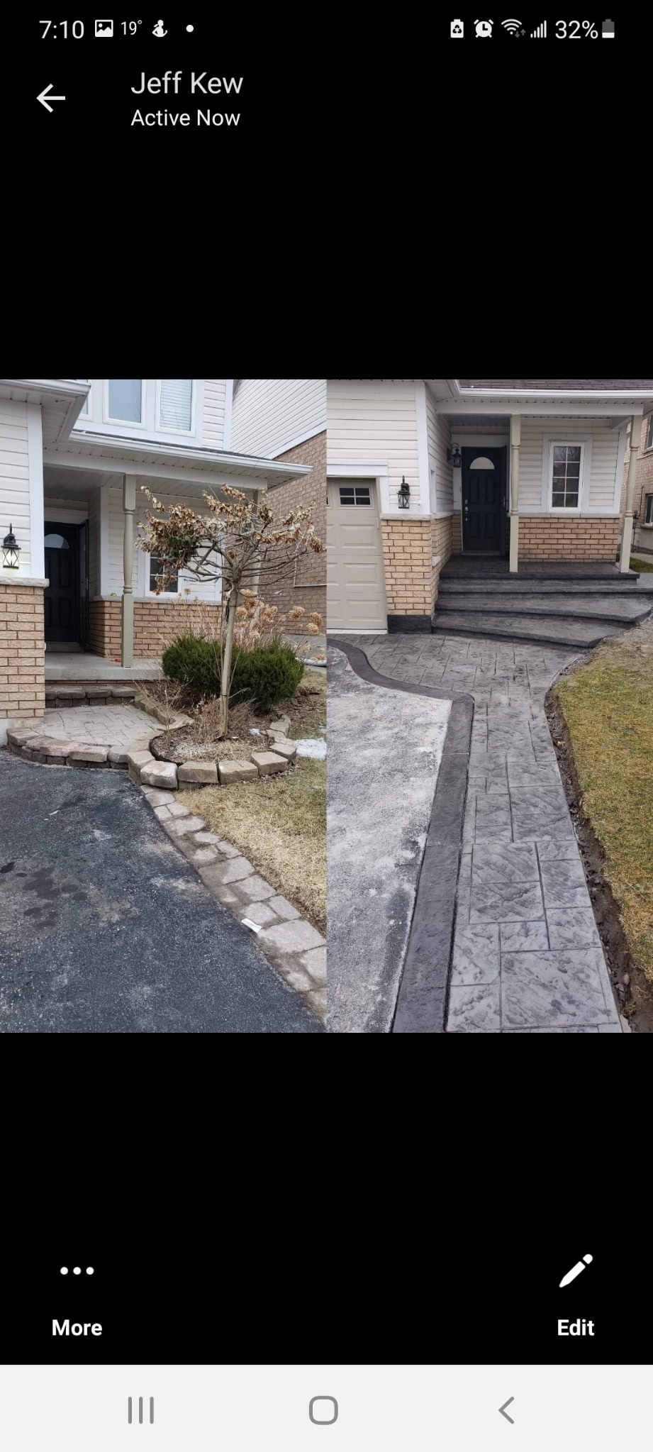 Before and after stamped concrete walkway transformation